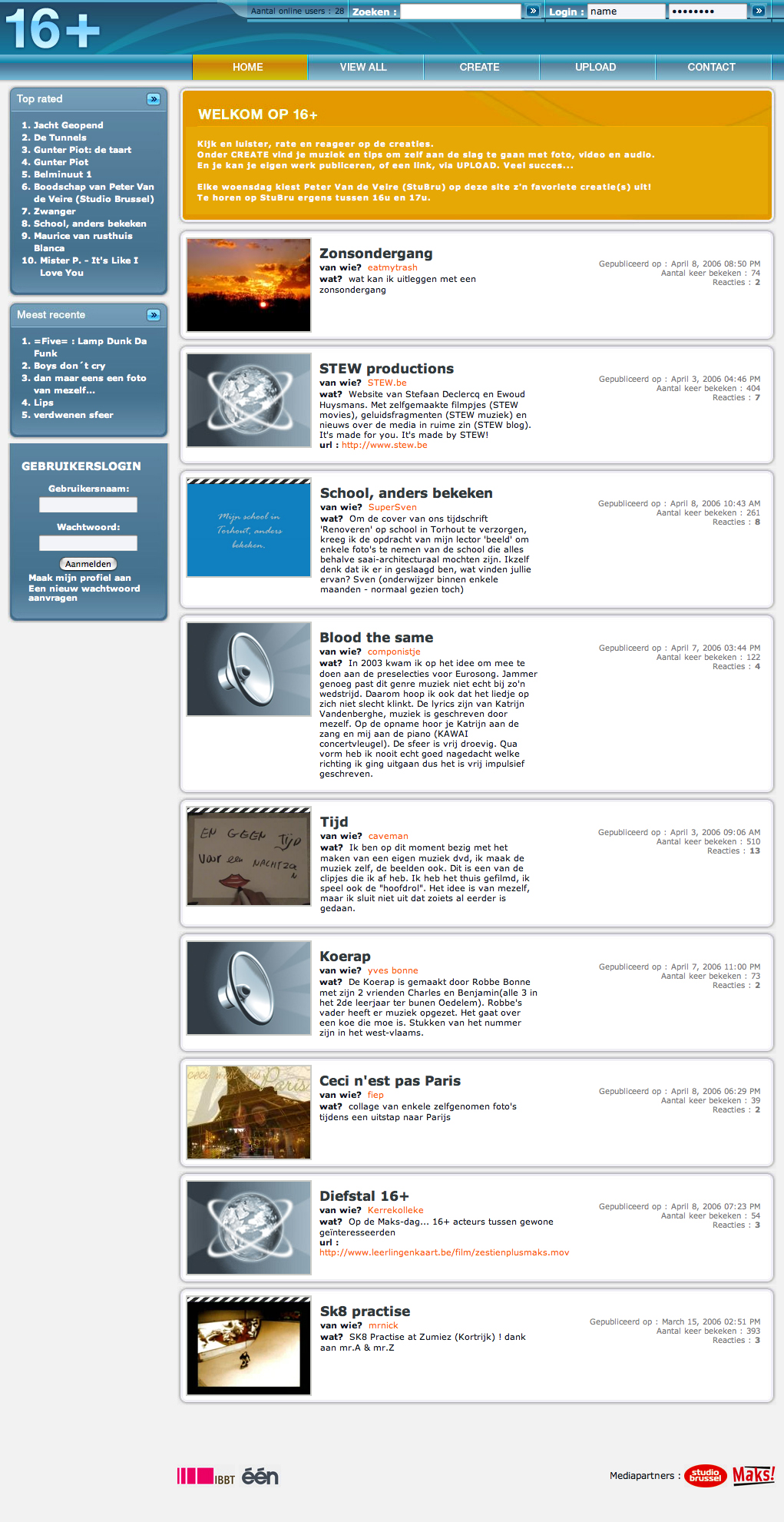 A screenshot of the 16+ website homepage, showing user-generated content like images, videos, and text entries.
