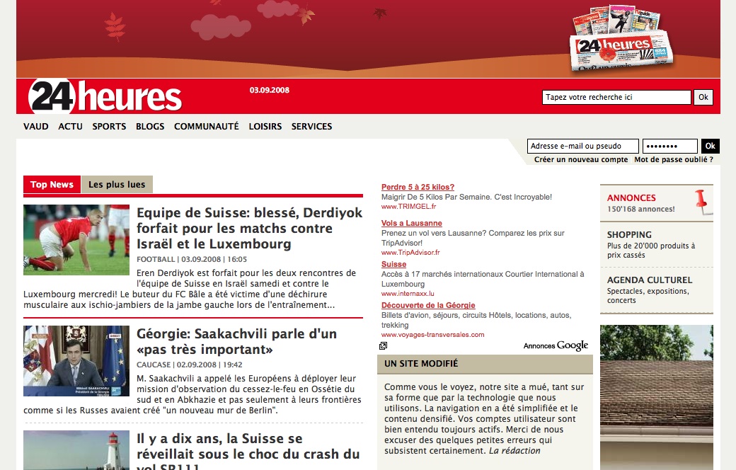 Screenshot of the "24heures" news website featuring headlines on Swiss football, Georgian politics, and a website update.