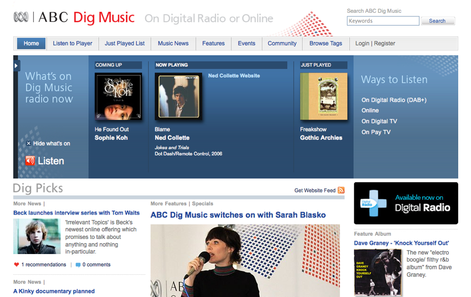 ABC Dig Music website homepage displaying featured artists, music news, and ways to listen to digital radio.