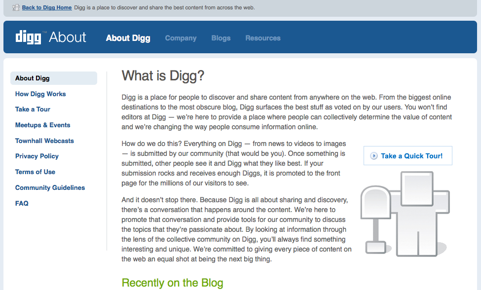 A webpage explaining Digg, a platform for discovering and sharing content, with a navigation menu and a "Take a Quick Tour!" button.