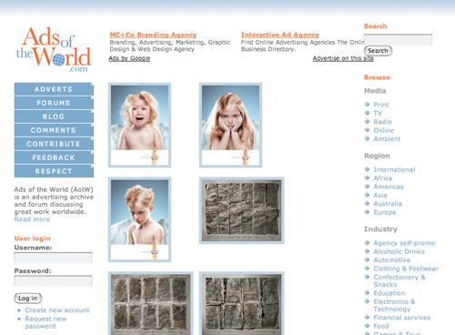 A webpage from "Ads of the World" displays advertisements featuring children and textured stone surfaces.