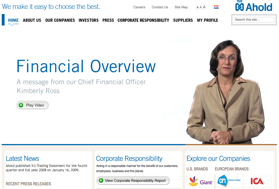 A woman in a beige blazer stands next to the text "Financial Overview" on a corporate webpage for Ahold.