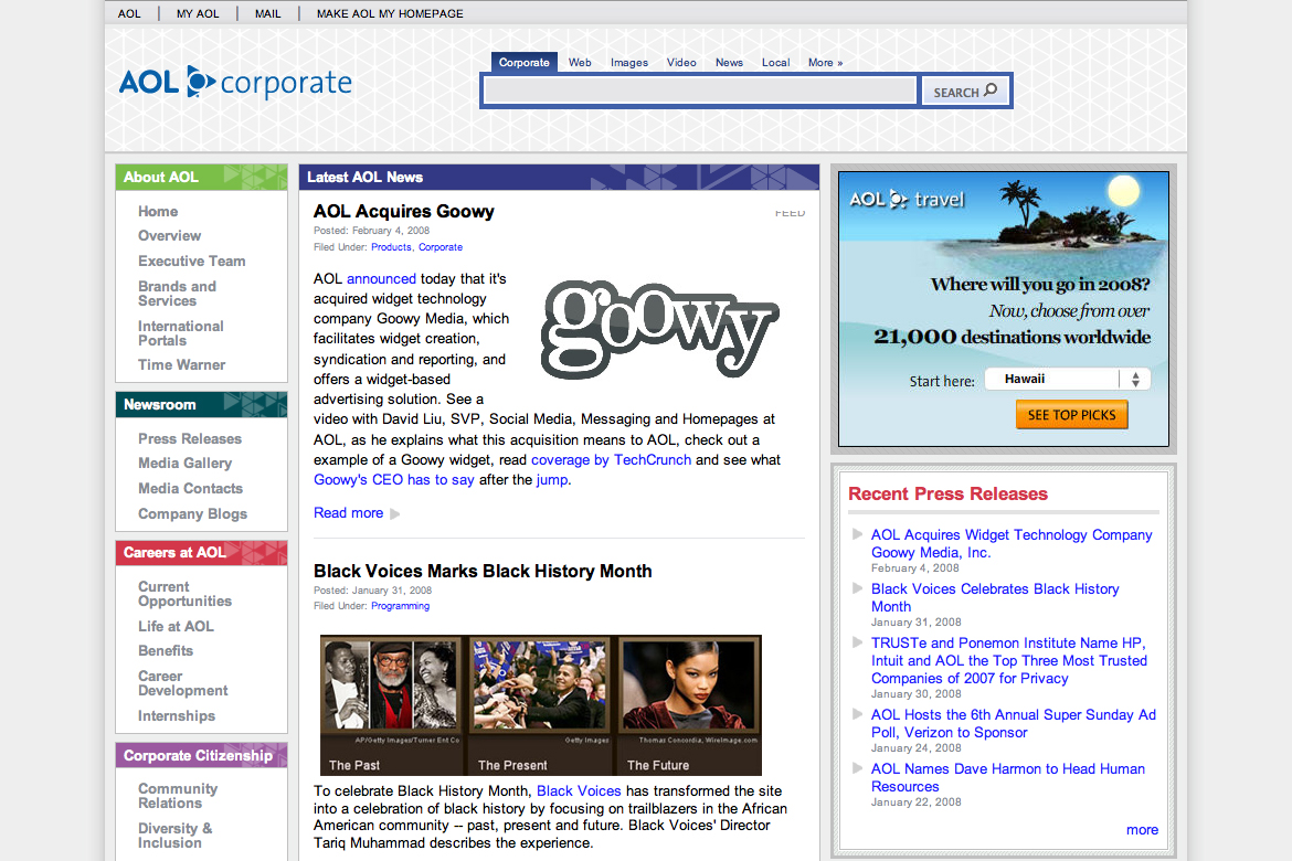 AOL Corporate webpage announcing the acquisition of Goowy Media and highlighting Black Voices content for Black History Month.