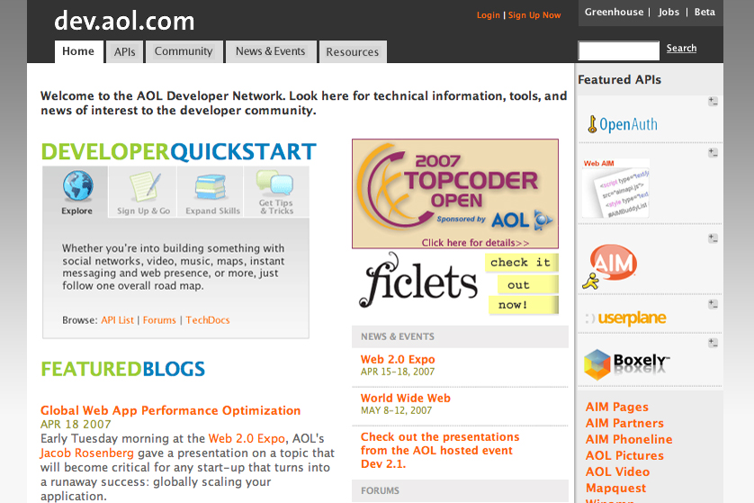 AOL Developer Network webpage with resources, blogs, and news for developers, featuring APIs, events, and technical tools.