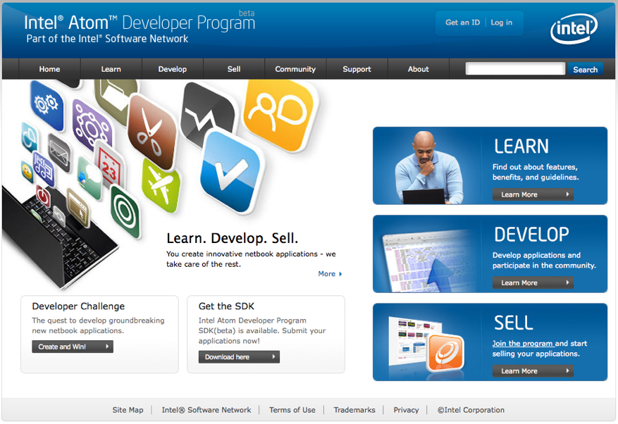 A webpage for the Intel Atom Developer Program promoting learning, developing, and selling applications with resources and tools for developers.