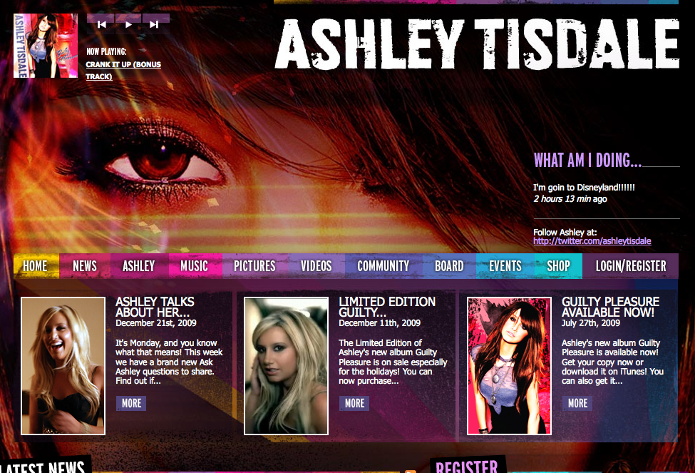 A website featuring Ashley Tisdale with news, music updates, and album promotions, including "Guilty Pleasure.