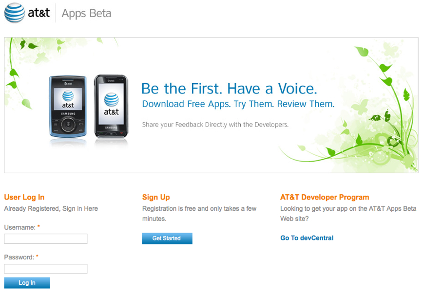 AT&amp;T Apps Beta webpage with login, sign-up options, and a banner promoting free app downloads and user feedback.