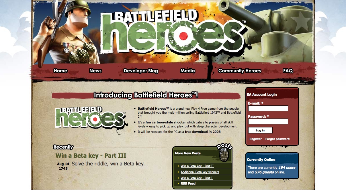 A promotional webpage for *Battlefield Heroes* features a soldier holding a weapon and a tank in the background.