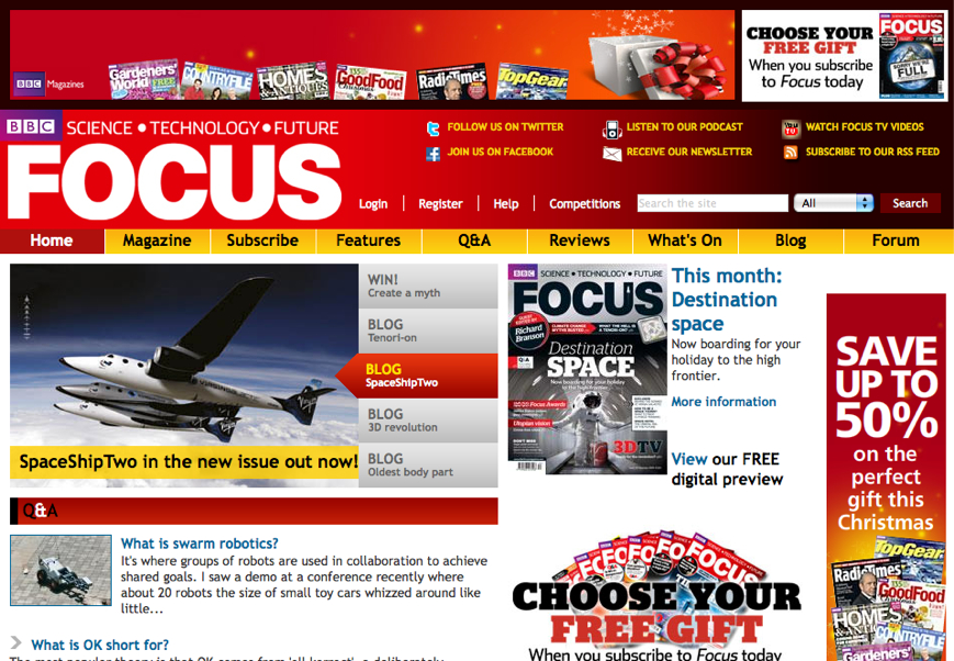 BBC Focus Magazine website featuring science and technology articles, a SpaceShipTwo feature, and a subscription offer with a free gift.