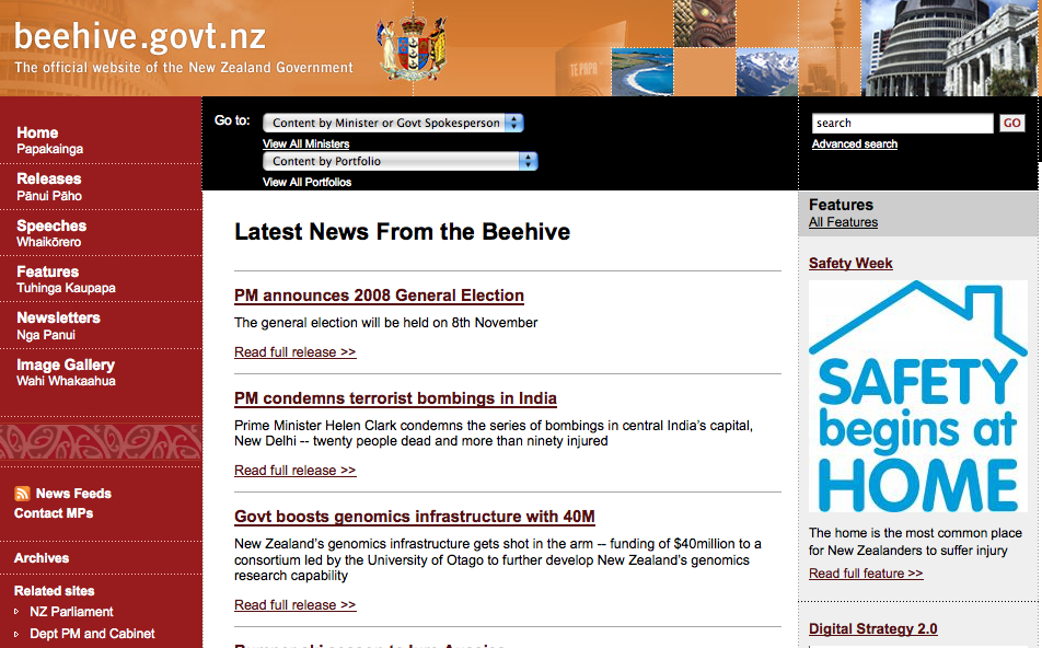 Screenshot of the New Zealand Government's Beehive website showing news updates, including election announcements and policy initiatives.