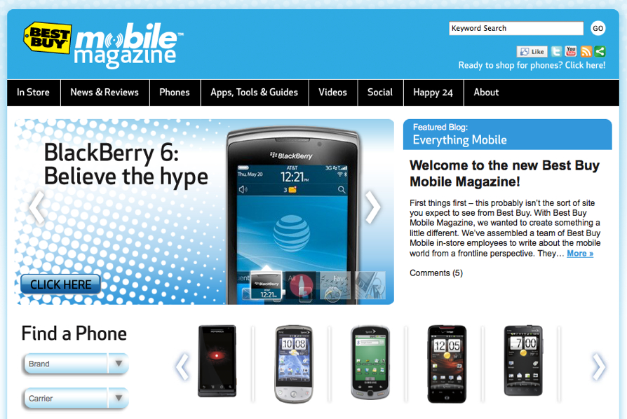 Best Buy Mobile Magazine webpage featuring a BlackBerry 6 promotion, phone search tool, and mobile news and reviews.