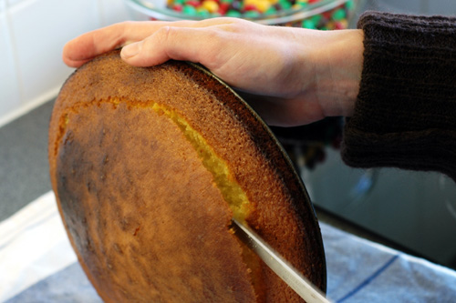 A cake being cut in half