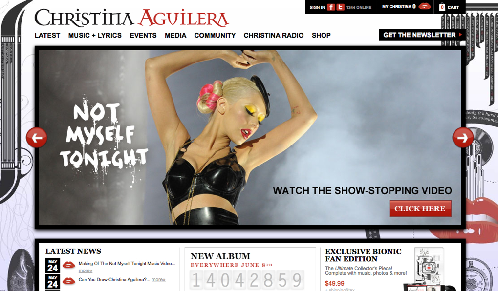 A promotional webpage for Christina Aguilera features an image from "Not Myself Tonight" with a video link and album details.