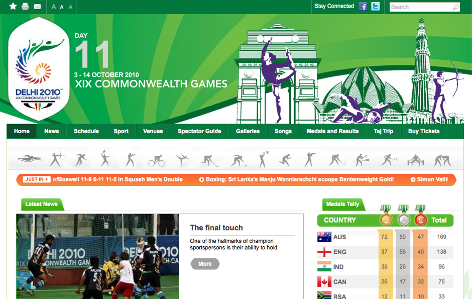 A webpage for the 2010 Commonwealth Games in Delhi shows event details, news, results, and a medal tally.