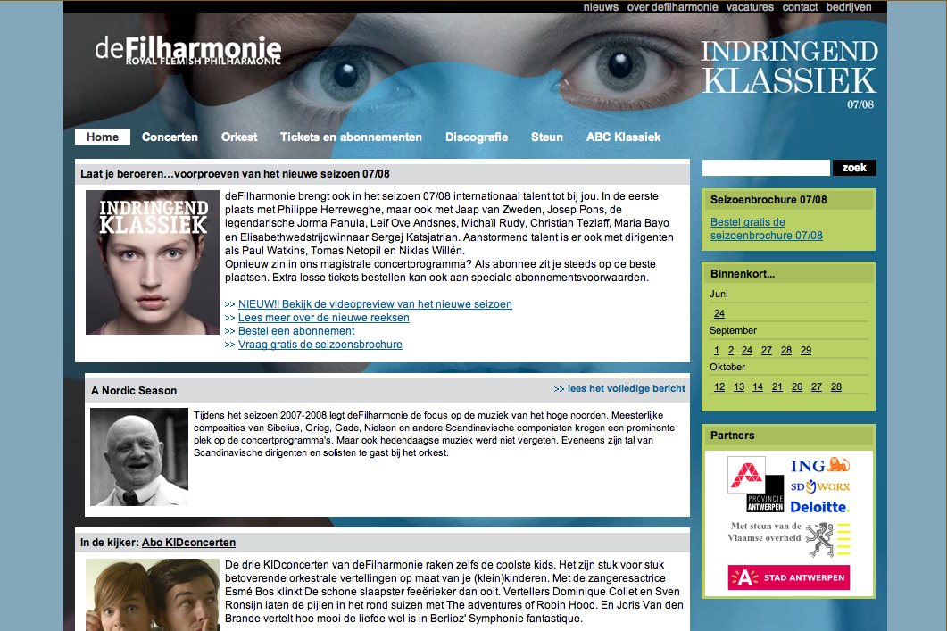 A website for deFilharmonie promotes the 07/08 concert season, featuring classical music performances and subscription options.