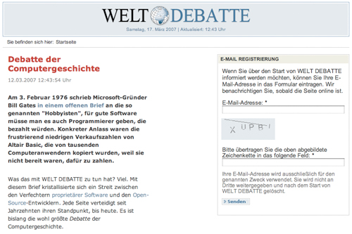 A webpage from "Welt Debatte" discussing the history of computing, featuring an article about Bill Gates' 1976 letter on software payments.