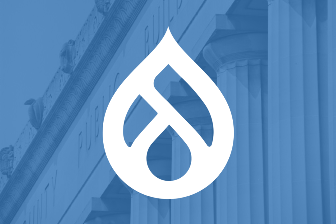The Drupal logo superimposed on a photo of a building with the word 'public' engraved in it.