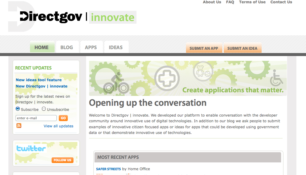 A webpage from Directgov Innovate encouraging developers to submit app ideas using government data and digital technologies.