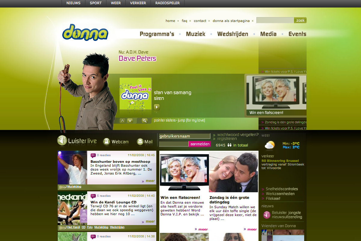 A man holding a microphone is featured on a radio station website with music, contests, and news sections.