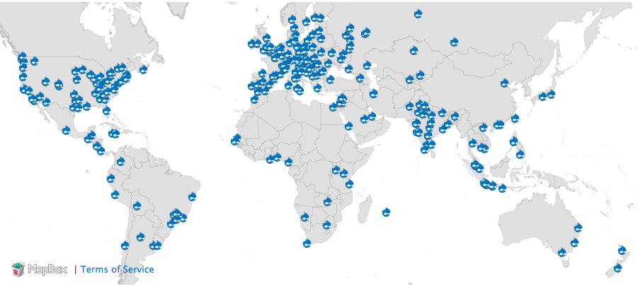 A world map showing locations of over 250 Drupal 7 release parties in more than 90 countries.