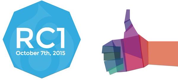 Blue hexagon with "RC1 October 7th, 2015" text next to a colorful thumbs-up illustration.