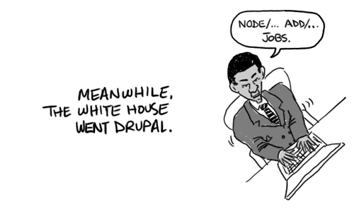 A man in a suit types on a laptop, saying "Node/.