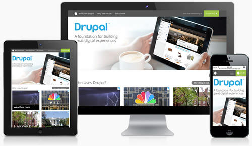 A Drupal website displayed on a desktop, tablet, and smartphone, showcasing its responsive design across different devices.