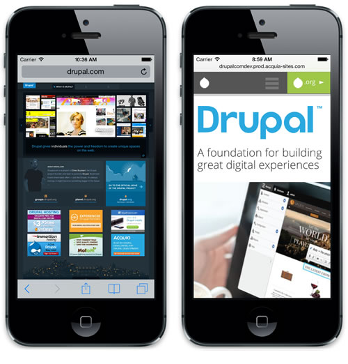 Two smartphones displaying Drupal websites, one with a dark-themed layout and the other with a clean, modern design.