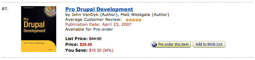 Amazon listing for "Pro Drupal Development" book, showing price, discount, rating, and pre-order options.