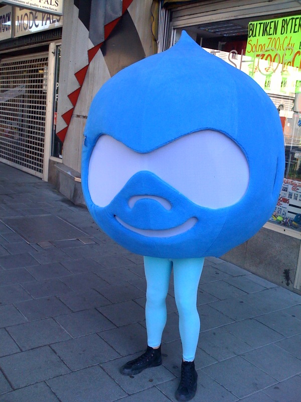 Person wearing a large blue Drupal mascot costume with a smiling face, standing on a city sidewalk.