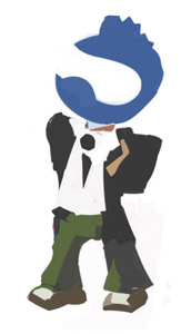 A stylized figure wearing a suit with a large Drupal Druplicon logo as its head.