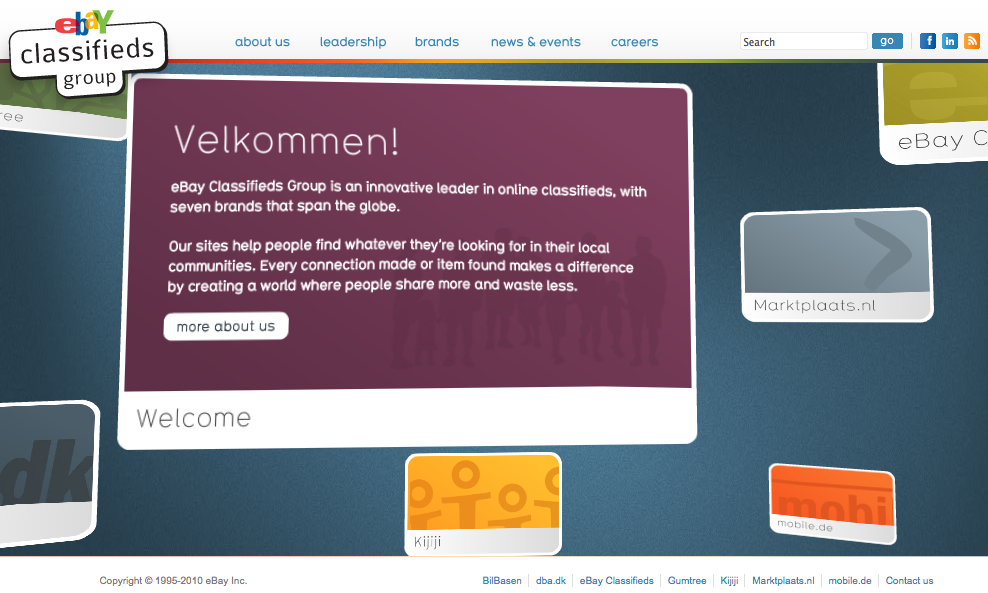 EBay Classifieds Group homepage with a welcome message highlighting its global online classifieds network and local community connections.