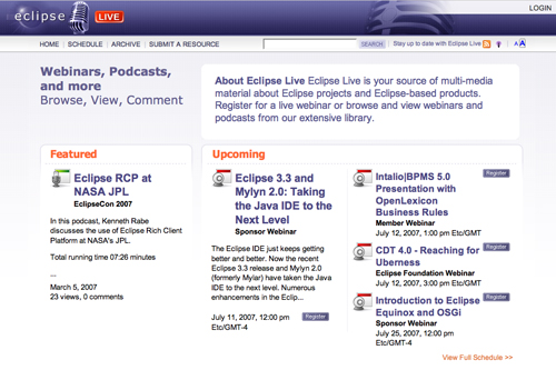 A webpage displaying Eclipse Live webinars and podcasts, featuring upcoming and featured events with descriptions and schedules.