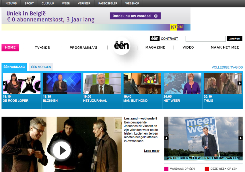A screenshot of the Eén website homepage displaying TV schedules, news, and a featured video with three men talking.