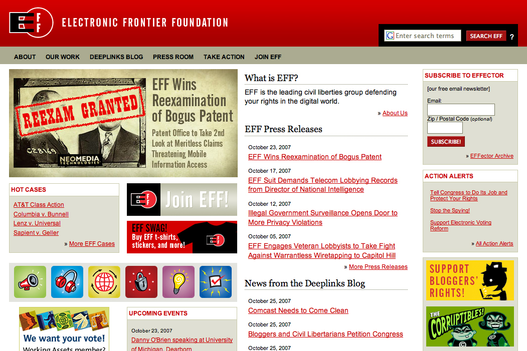 A webpage from the Electronic Frontier Foundation featuring news, press releases, action alerts, and information on digital rights advocacy.