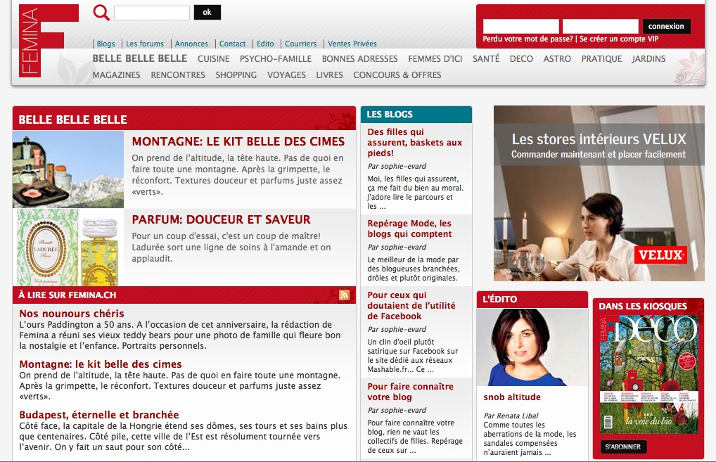 A French-language magazine website with articles on fashion, beauty, lifestyle, and blogs, featuring images and advertisements.