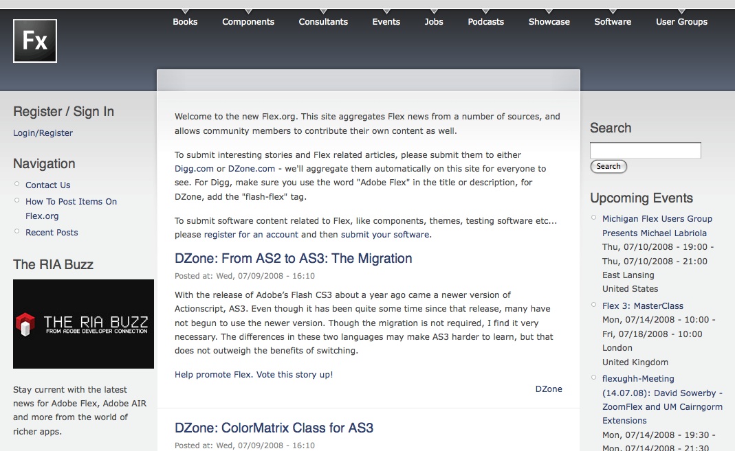 A website homepage displaying Flex-related news, articles, and events with navigation links, a search bar, and user login options.