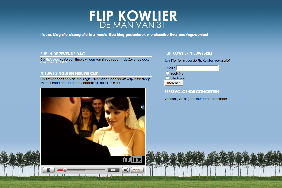 A webpage about Flip Kowlier features news, a newsletter signup, and a YouTube video of his new music clip.