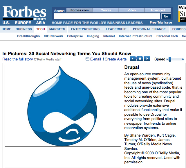 Forbes article discussing Drupal, an open-source community management system, with its blue droplet logo prominently displayed.