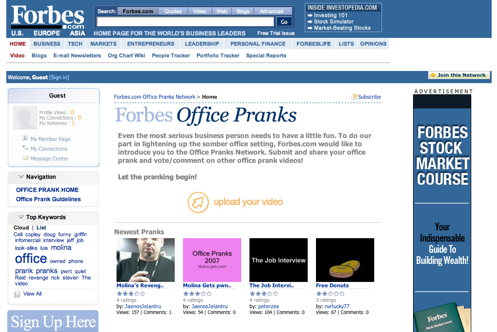 Forbes webpage featuring an "Office Pranks" section, inviting users to upload and vote on prank videos.