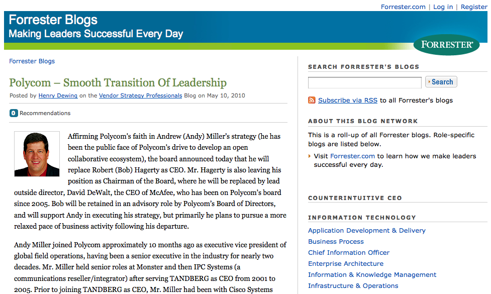 Blog post on Forrester Blogs announcing leadership transition at Polycom, with Andy Miller replacing Robert Hagerty as CEO.