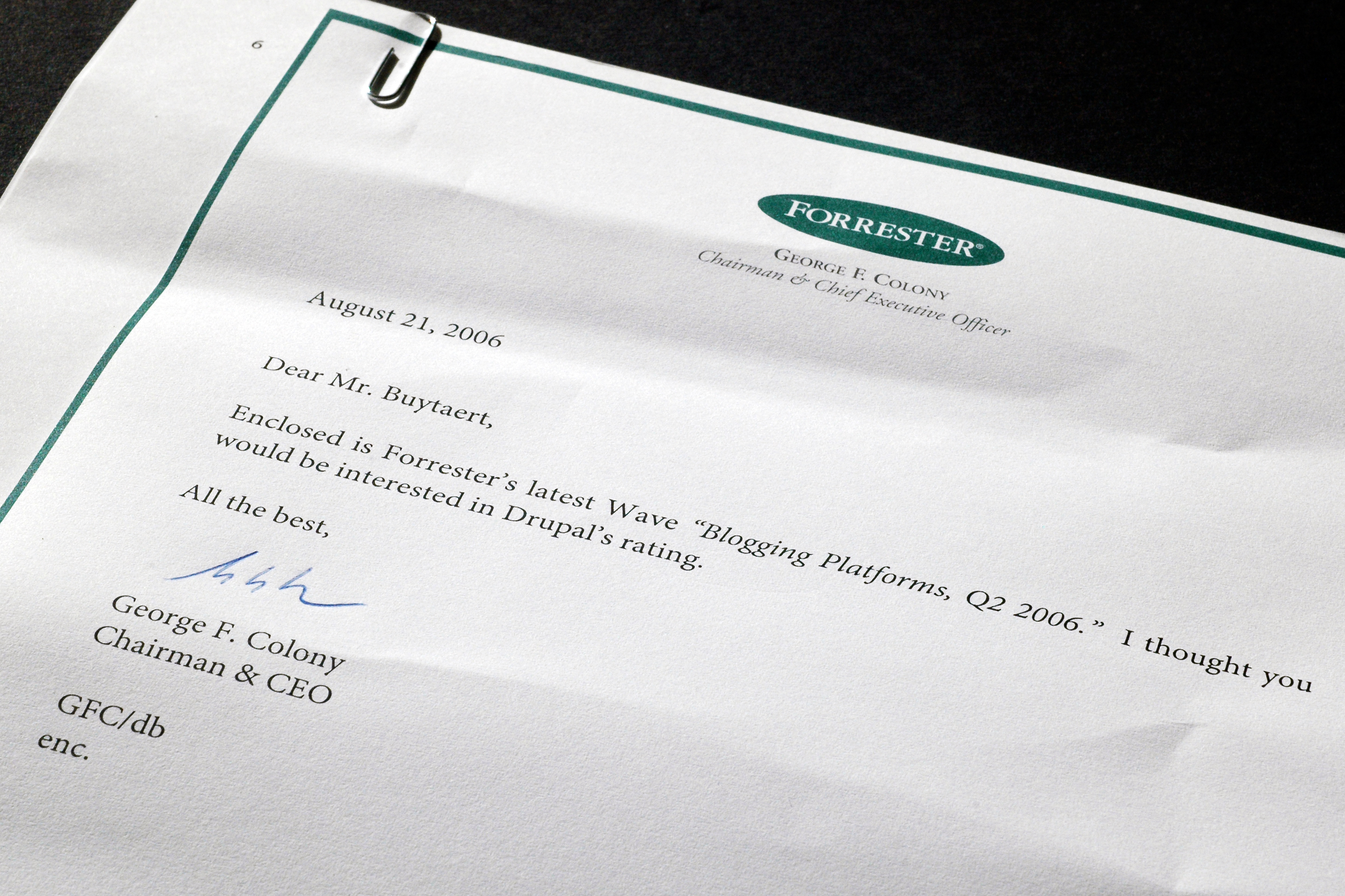 A signed letter from Forrester's CEO sharing a 2006 report on Drupal's rating in blogging platforms.