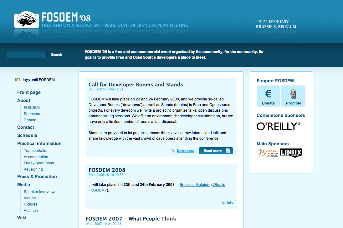 Screenshot of the FOSDEM 2008 website, featuring event details, a call for developer rooms, and sponsor information.