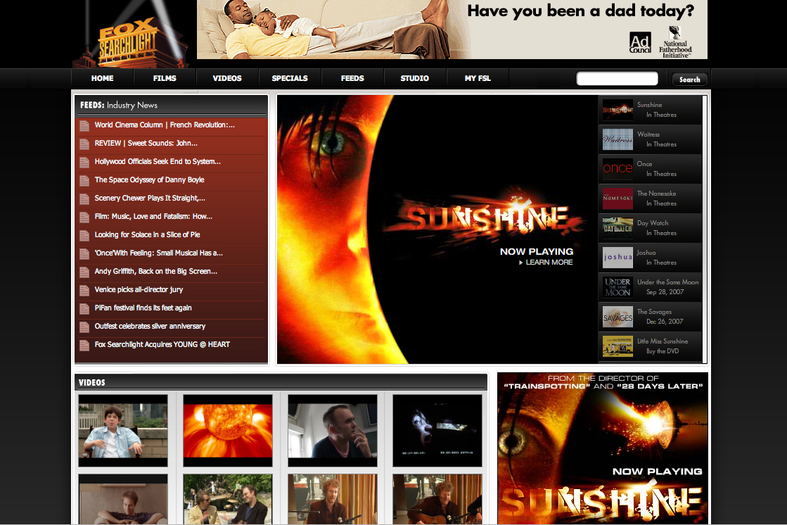 A Fox Searchlight website page featuring the movie "Sunshine", with news feeds, videos, and a promotional banner.