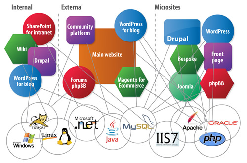 Diagram showing a fragmented CMS setup with interconnected platforms, including Drupal, WordPress, Joomla, and various technologies.