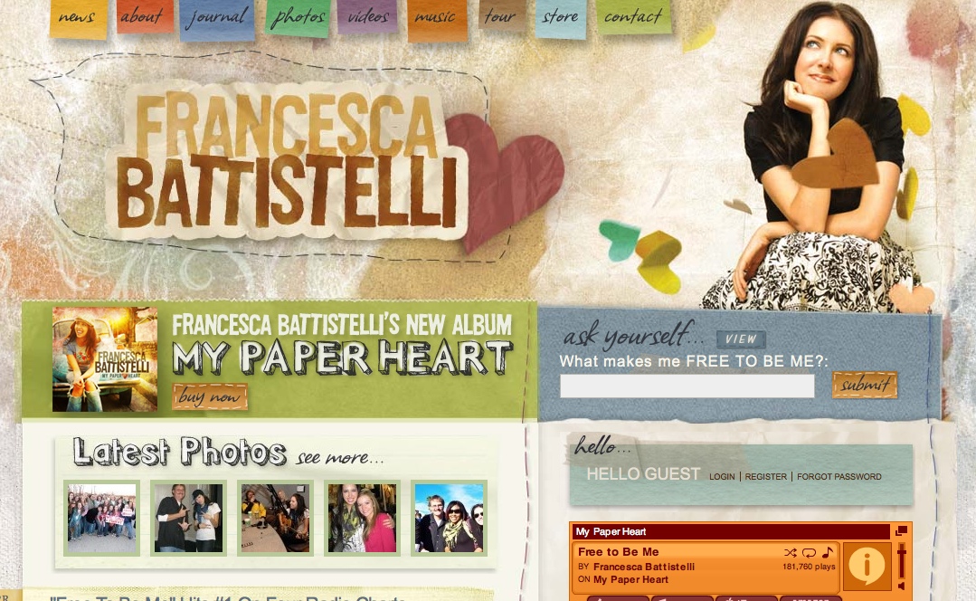 Website promoting Francesca Battistelli's album "My Paper Heart", featuring album details, photos, and a music player.