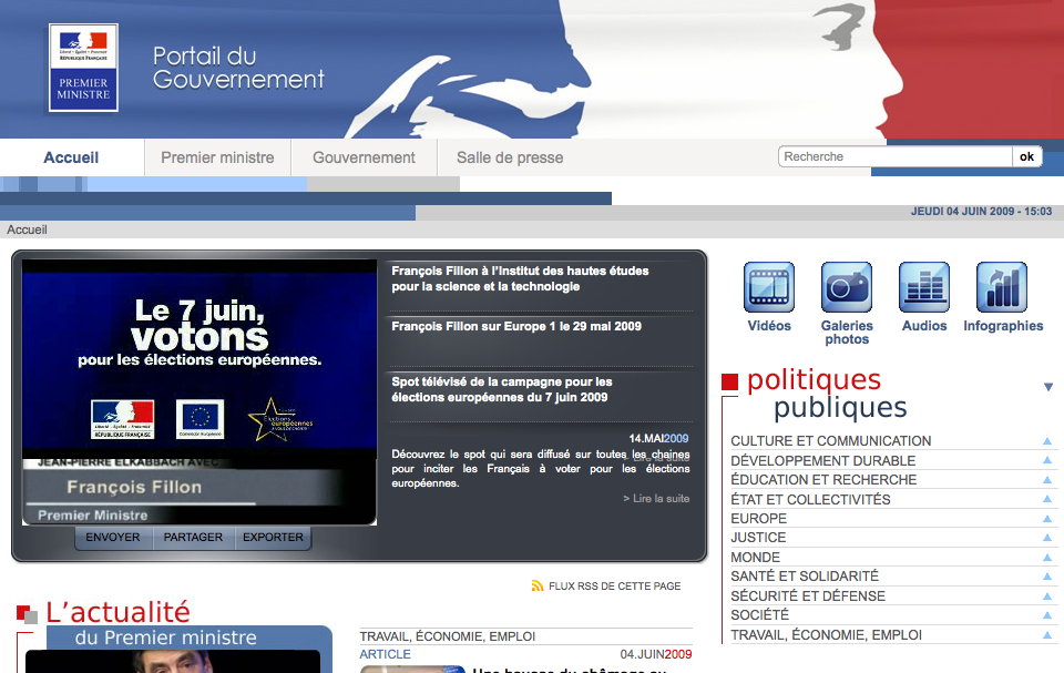 French government website homepage featuring election campaign information, news about the Prime Minister, and public policy categories.