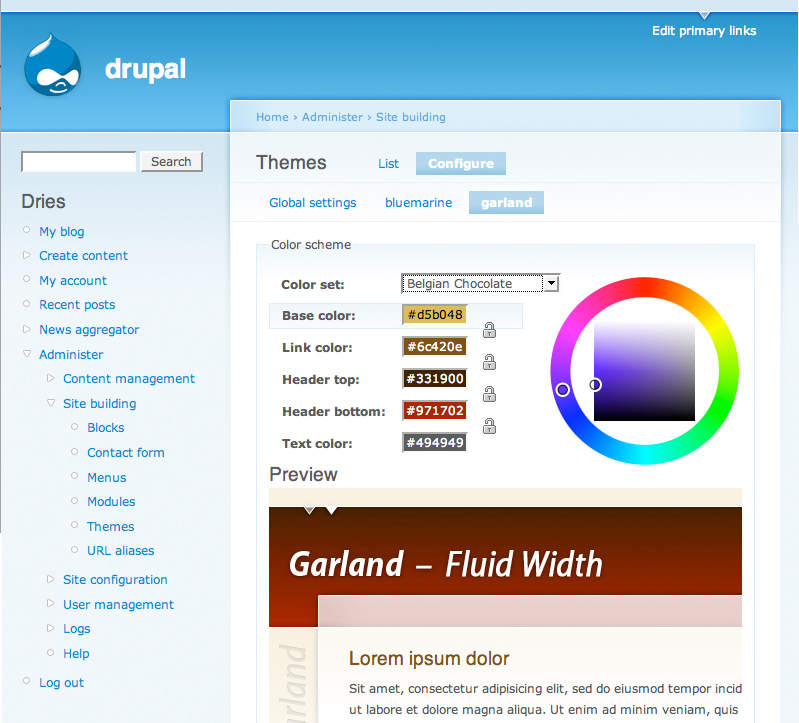 Drupal 5 theme customization interface showing the Garland theme with a color picker for adjusting the color scheme.