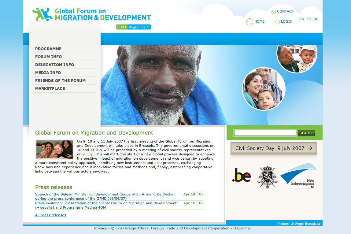 A webpage for the Global Forum on Migration and Development 2007, featuring images of diverse people and event details.