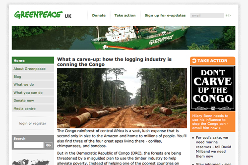 A Greenpeace webpage showing a deforested area with cut logs and a campaign against logging in the Congo rainforest.